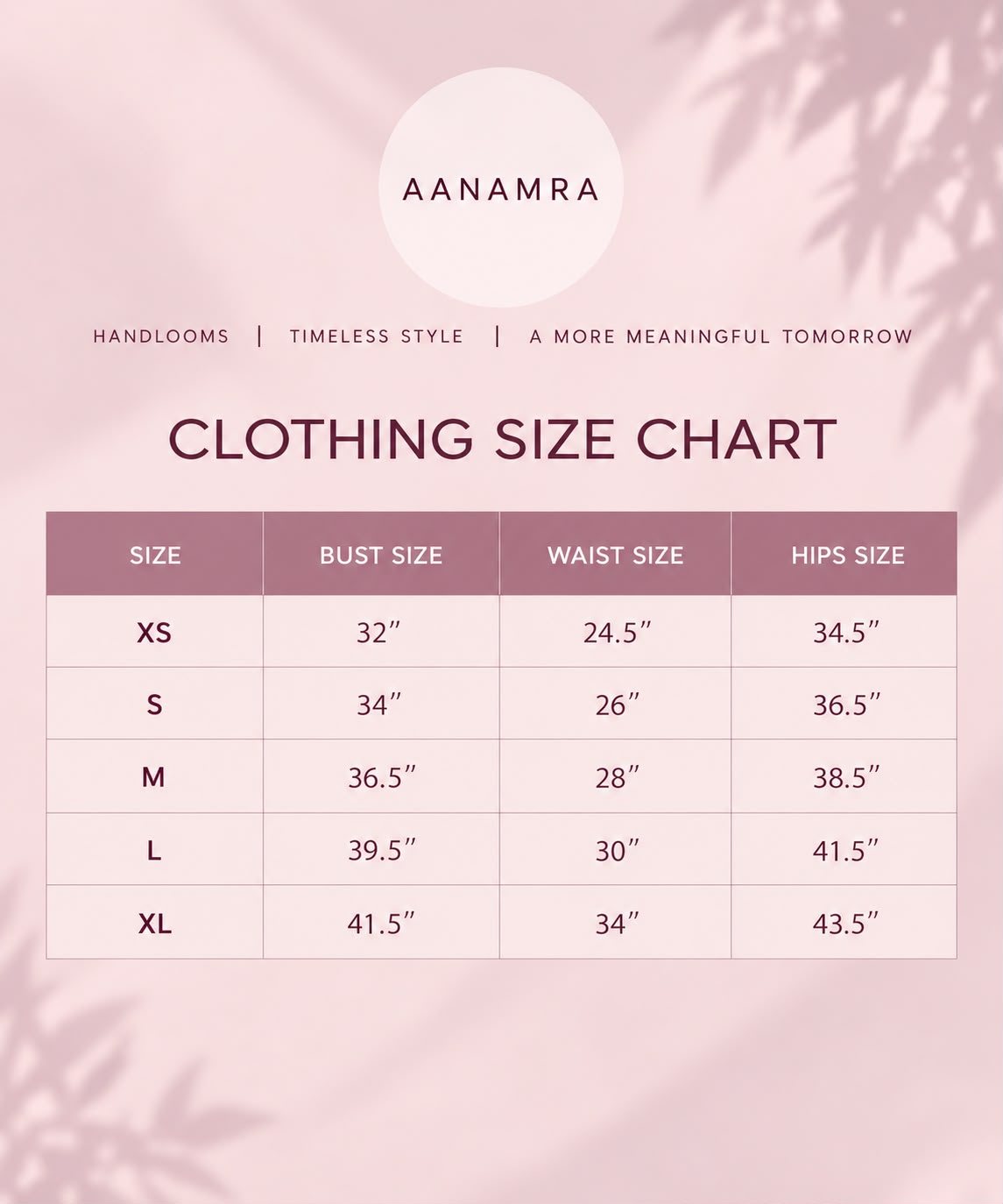 Aanamra clothing size chart showing bust, waist and hip measurements from XS to XL