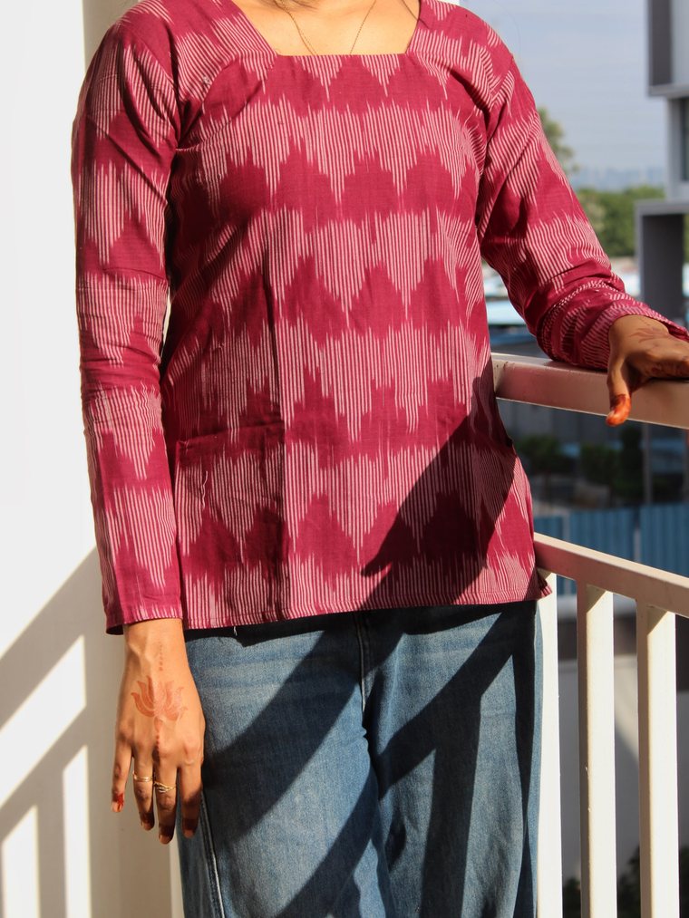 Arunima — wine ikat square-neck top with full sleeves, front view
