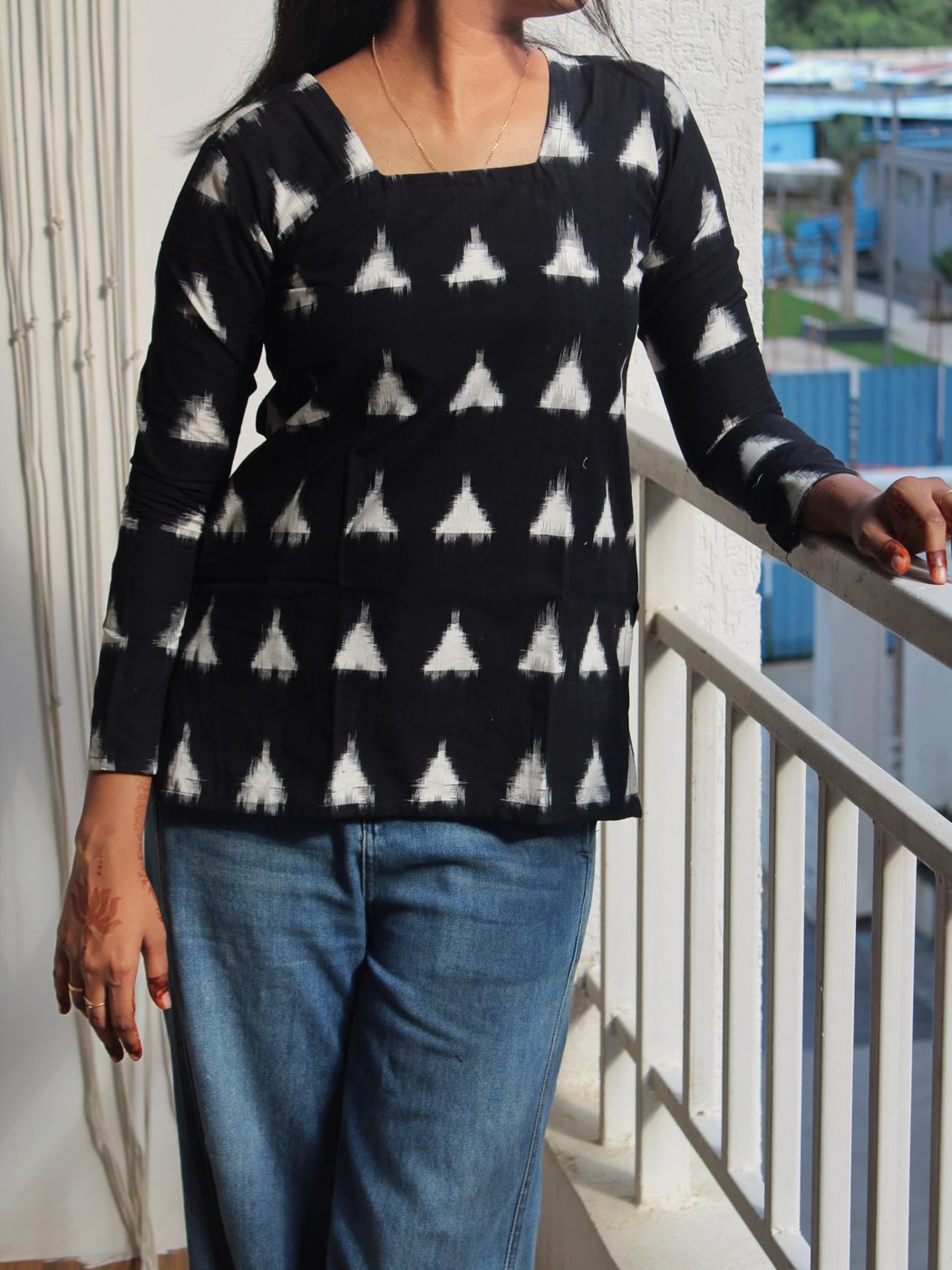Trikona — monochrome triangle ikat top