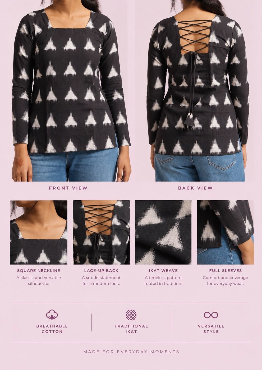 Trikona — square neckline, lace-up back, weave close-up and sleeve