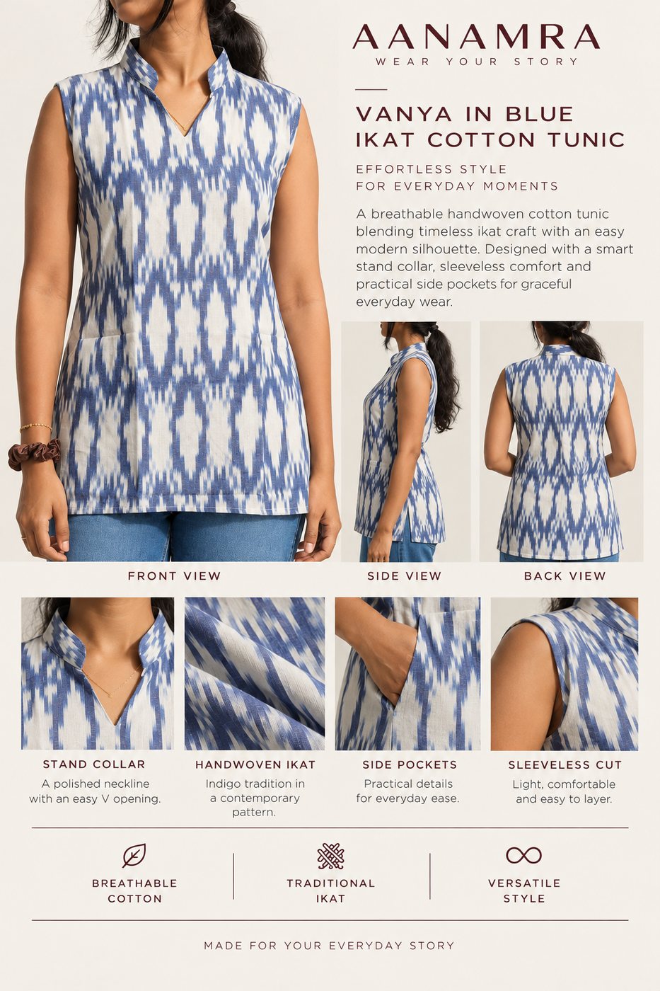 Vanya in Blue — mandarin collar, weave, side slit and clean back