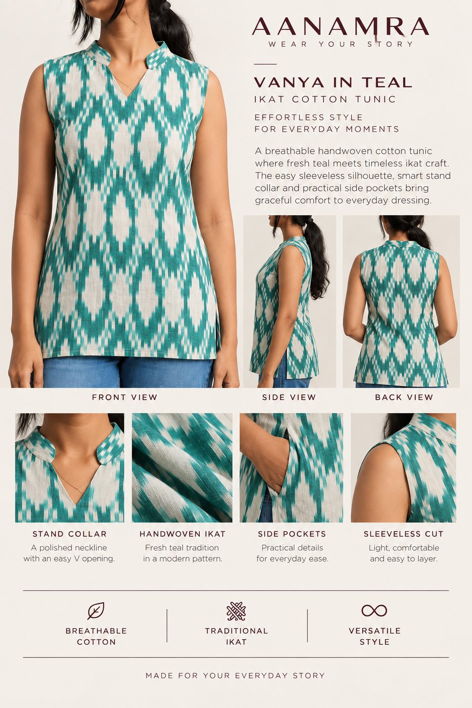 Vanya in Teal — front, side and back views with close-ups of the stand collar, handwoven ikat, side pockets and sleeveless cut